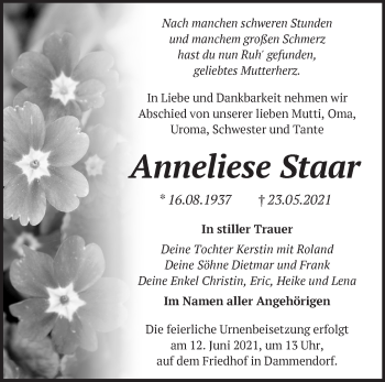 Traueranzeige von Anneliese Staar von Märkische Oderzeitung