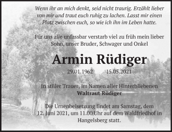 Traueranzeige von Armin Rüdiger von Märkische Oderzeitung