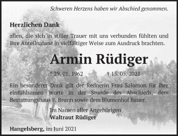 Traueranzeige von Armin Rüdiger von Märkische Oderzeitung