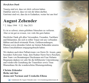 Traueranzeige von August Zehender von Märkische Oderzeitung