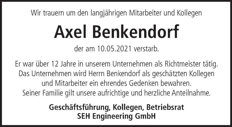  Traueranzeige für Axel Benkendorf vom 13.06.2021 aus Märkische Oderzeitung