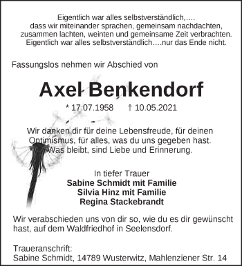 Traueranzeige von Axel Benkendorf von Märkische Oderzeitung