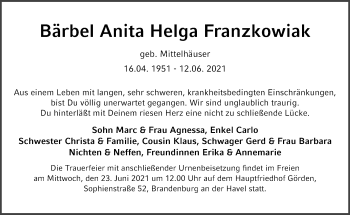 Traueranzeige von Bärbel Anita Helga Franzkowiak von Märkische Oderzeitung