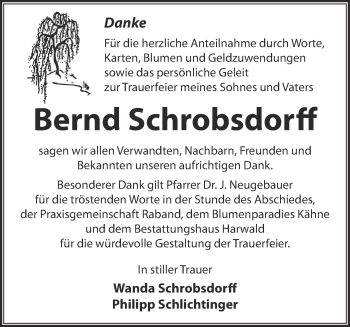 Traueranzeige von Bernd Schrobsdorff von Märkische Oderzeitung