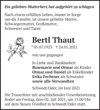 Traueranzeige von Bertl Thaut von Märkische Oderzeitung