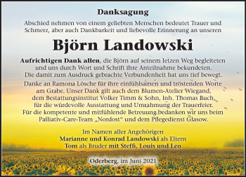 Traueranzeige von Björn Landowski von Märkische Oderzeitung