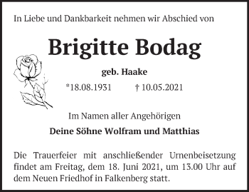 Traueranzeige von Brigitte Bodag von Märkische Oderzeitung