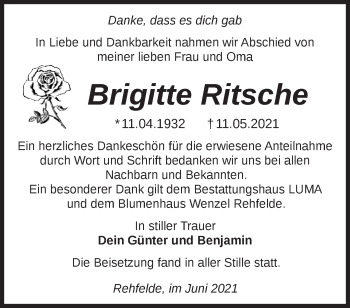 Traueranzeige von Brigitte Ritsche von Märkische Oderzeitung