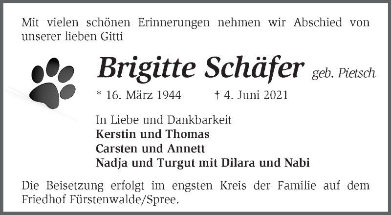  Traueranzeige für Brigitte Schäfer vom 13.06.2021 aus Märkische Oderzeitung