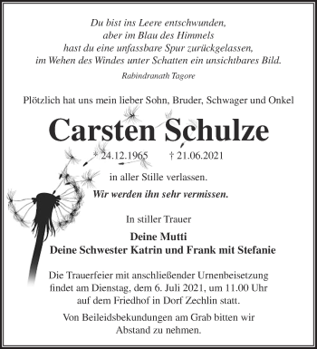 Traueranzeige von Carsten Schulze von Märkische Oderzeitung