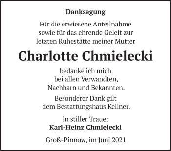 Traueranzeige von Charlotte Chmielecki von Märkische Oderzeitung