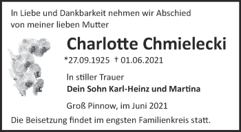 Traueranzeige von Charlotte Chmielecki von Märkische Oderzeitung