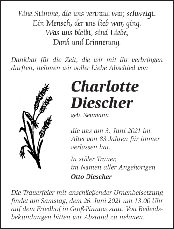 Traueranzeige von Charlotte Diescher von Märkische Oderzeitung