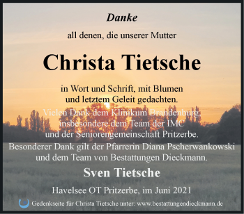 Traueranzeige von Christa Tietsche von Märkische Oderzeitung