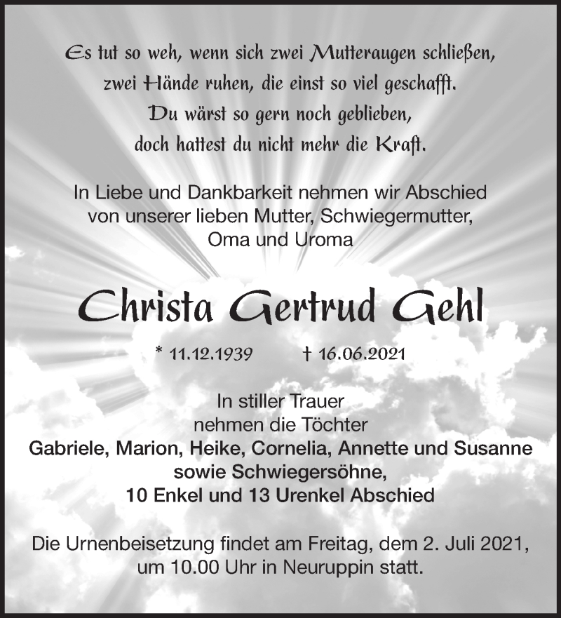  Traueranzeige für Christa Gertrud Gehl vom 26.06.2021 aus Märkische Oderzeitung