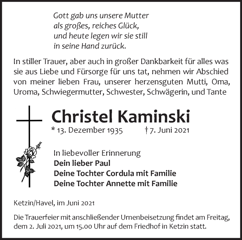  Traueranzeige für Christel Kaminski vom 20.06.2021 aus Märkische Oderzeitung