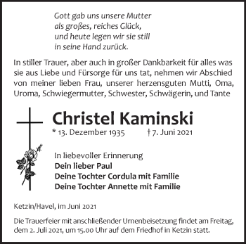 Traueranzeige von Christel Kaminski von Märkische Oderzeitung