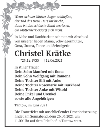 Traueranzeige von Christel Krätke von Märkische Oderzeitung