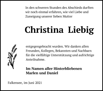 Traueranzeige von Christina Liebig von Märkische Oderzeitung