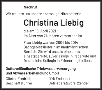 Traueranzeige von Christina Liebig von Märkische Oderzeitung