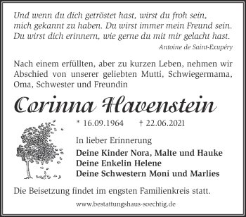 Traueranzeige von Corinna Havenstein von Märkische Oderzeitung