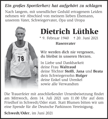 Traueranzeige von Dietrich Lüthke von Märkische Oderzeitung