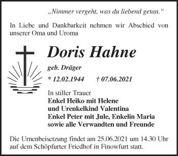 Traueranzeige von Doris Hahne von Märkische Oderzeitung