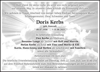 Traueranzeige von Doris Kerbs von Märkische Oderzeitung