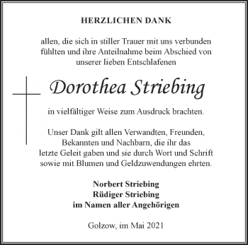 Traueranzeige von Dorothea Striebing von Märkische Oderzeitung