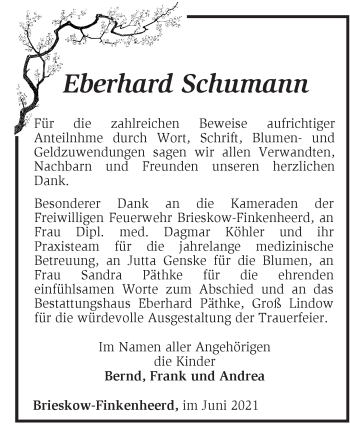 Traueranzeige von Eberhard Schumann von Märkische Oderzeitung