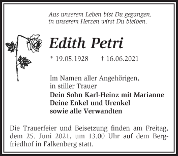 Traueranzeige von Edith Petri von Märkische Oderzeitung