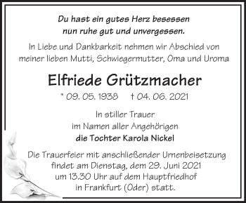 Traueranzeige von Elfriede Grützmacher von Märkische Oderzeitung