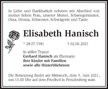 Traueranzeige von Elisabeth Hanisch von Märkische Oderzeitung