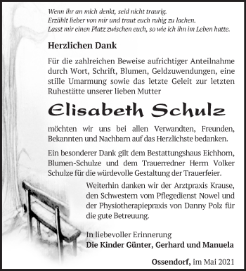 Traueranzeige von Elisabeth Schulz von Märkische Oderzeitung