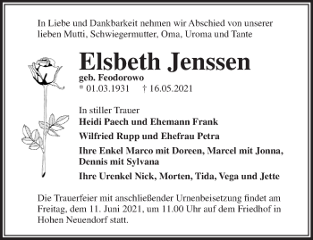 Traueranzeige von Elsbeth Jenssen von Märkische Oderzeitung