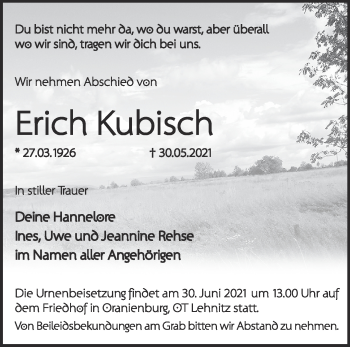 Traueranzeige von Erich Kubisch von Märkische Oderzeitung