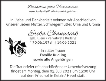 Traueranzeige von Erika Chanusiak von Märkische Oderzeitung