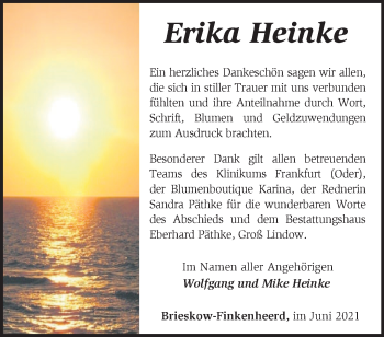 Traueranzeige von Erika Heinke von Märkische Oderzeitung