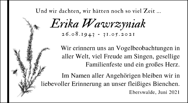  Traueranzeige für Erika Wawrzyniak vom 17.06.2021 aus Märkische Oderzeitung
