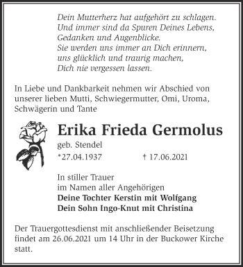 Traueranzeige von Erika Frieda Germolus von Märkische Oderzeitung