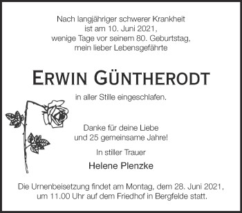 Traueranzeige von Erwin Güntherodt von Märkische Oderzeitung