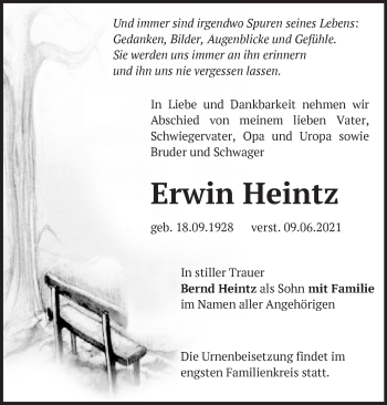 Traueranzeige von Erwin Heintz von Märkische Oderzeitung