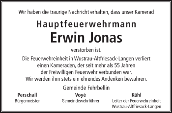 Traueranzeige von Erwin Jonas von Märkische Oderzeitung