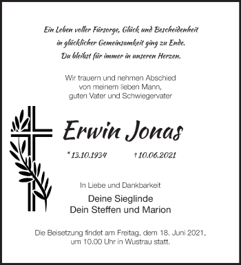 Traueranzeige von Erwin Jonas von Märkische Oderzeitung