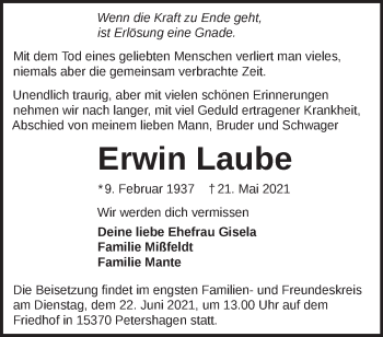 Traueranzeige von Erwin Laube von Märkische Oderzeitung