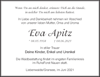 Traueranzeige von Eva Apitz von Märkische Oderzeitung