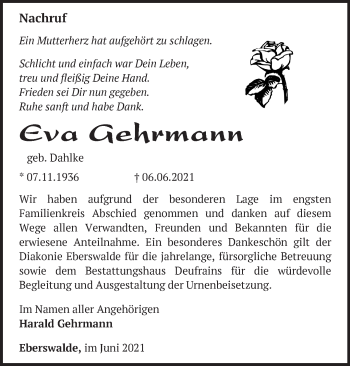 Traueranzeige von Eva Gehrmann von Märkische Oderzeitung