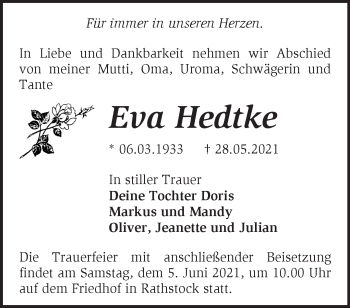 Traueranzeige von Eva Hedtke von Märkische Oderzeitung