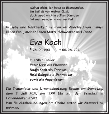 Traueranzeige von Eva Koch von Märkische Oderzeitung