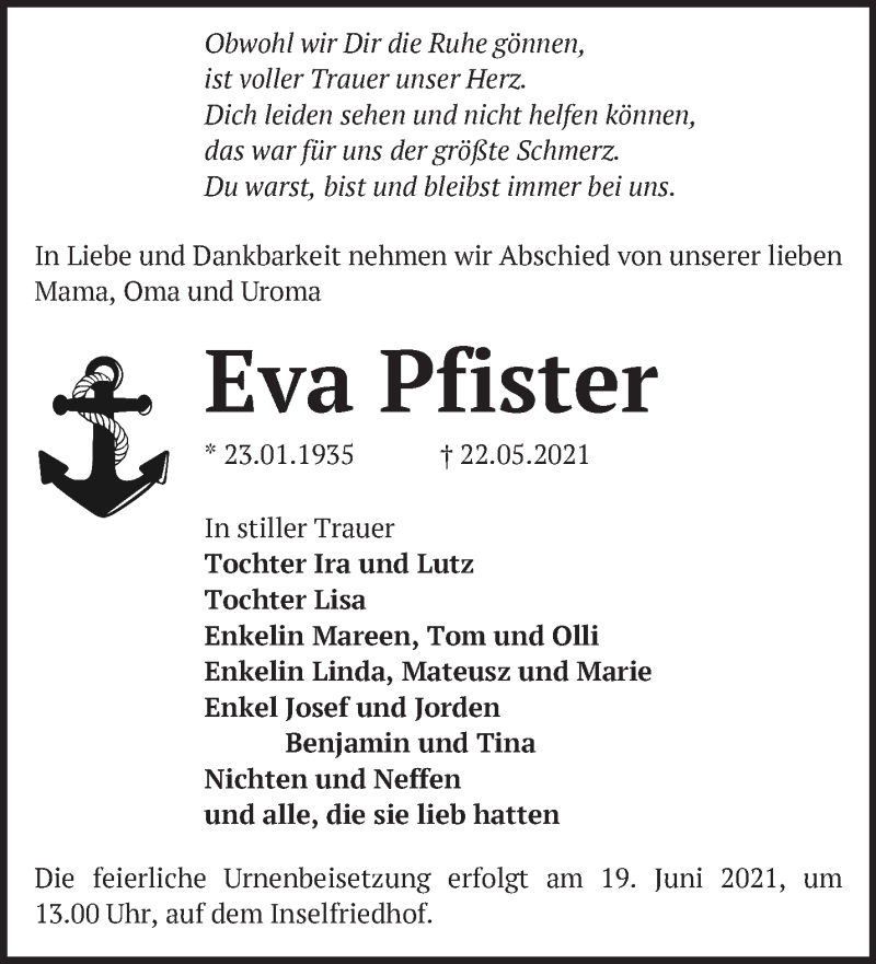  Traueranzeige für Eva Pfister vom 05.06.2021 aus Märkische Oderzeitung